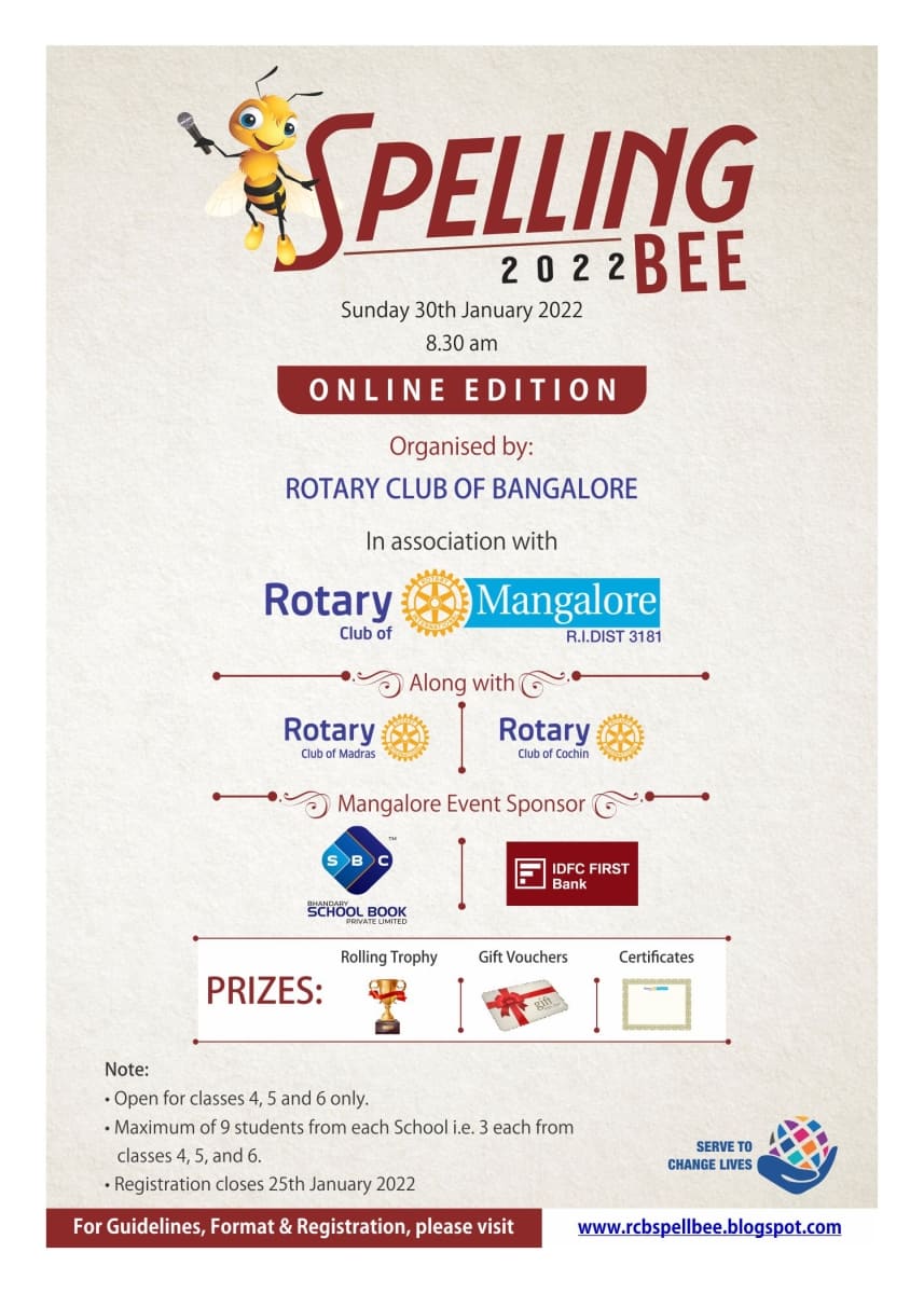 SPELLING BEE 2022, 6th Edition: Inter-School Spelling Bee Contest: Mangalore - Bangalore - Chennai - Cochin on Sunday 30th January 2022